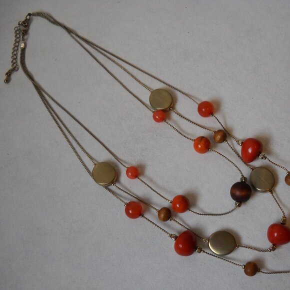 Orange Brown Necklace Silver Gemstone Wood Metal Beads 3 Strand Adjustable Chain